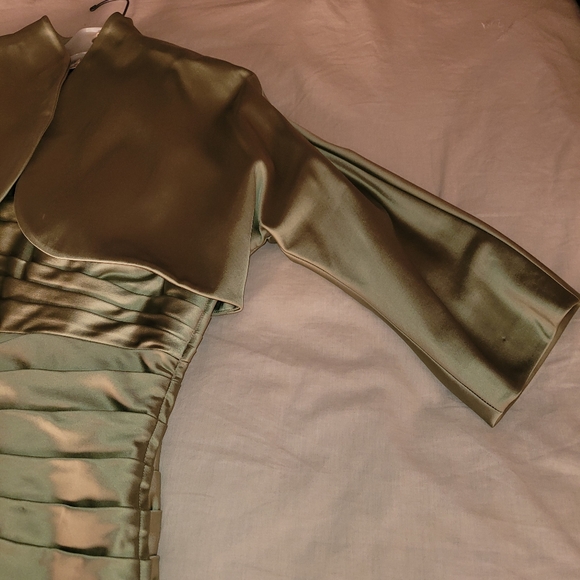 Stunning Niteline Sage Satin Strapless Gown Train Bolero Jacket Lined 14 - Picture 3 of 16